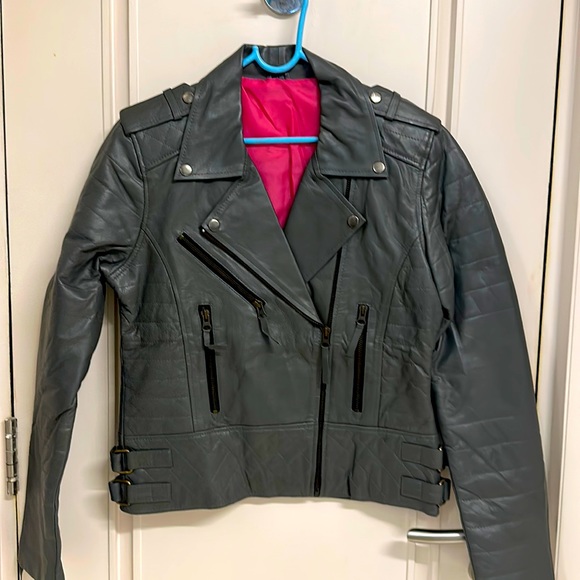 Cutomised ( Made to order) Jackets & Blazers - NWT Calf Leather Biker Jacket Dark Grey with Hot Pink stain lining! Size L!